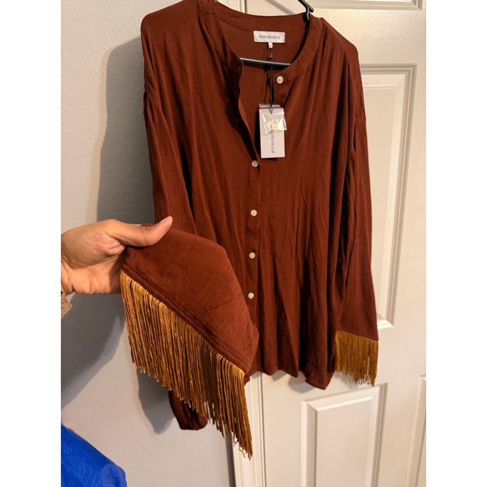 Women's WEWOREWHAT Brown Fringe Button Down Shirt M with Gold Accents - Picture 5 of 5